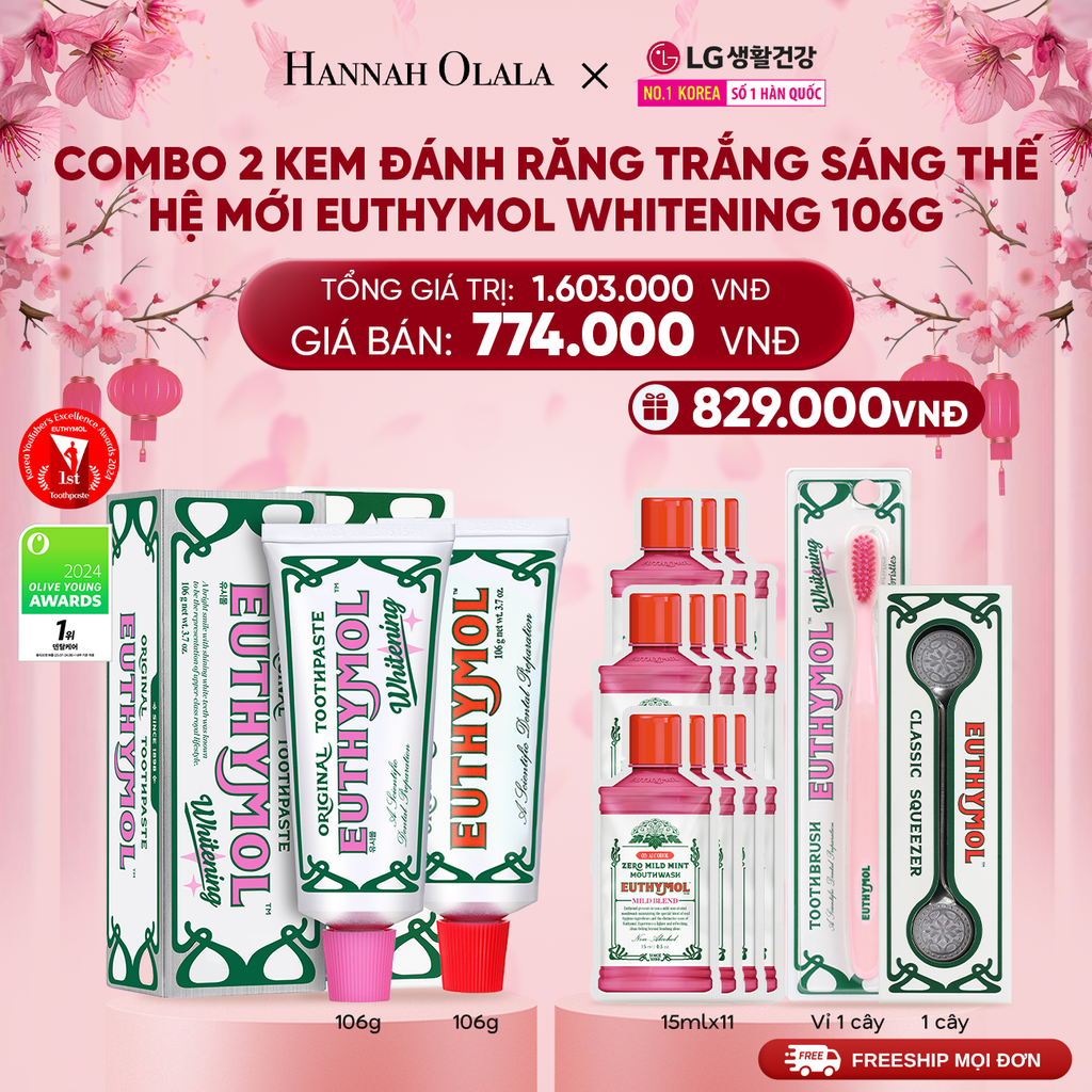  A1443_DEAL 11: COMBO 2 KEM ĐÁNH RĂNG TRẮNG RĂNG EUTHYMOL CÔNG NGHỆ SẮC TÍM - TRUNG HÒA Ố VÀNG 106GR - ORIGINAL & HỒNG 