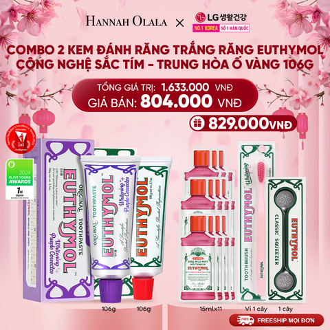  A1444_DEAL 12: COMBO 2 KEM ĐÁNH RĂNG TRẮNG RĂNG EUTHYMOL CÔNG NGHỆ SẮC TÍM - TRUNG HÒA Ố VÀNG 106GR - ORIGINAL & TÍM 