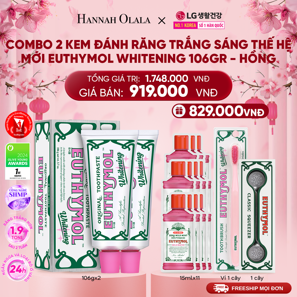  A851_DEAL 09: COMBO 2 KEM ĐÁNH RĂNG TRẮNG SÁNG THẾ HỆ MỚI EUTHYMOL WHITENING 106GR - HỒNG 