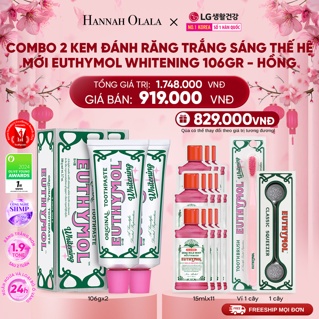  DEAL 09: COMBO 2 KEM ĐÁNH RĂNG TRẮNG SÁNG THẾ HỆ MỚI EUTHYMOL WHITENING 106GR - HỒNG 