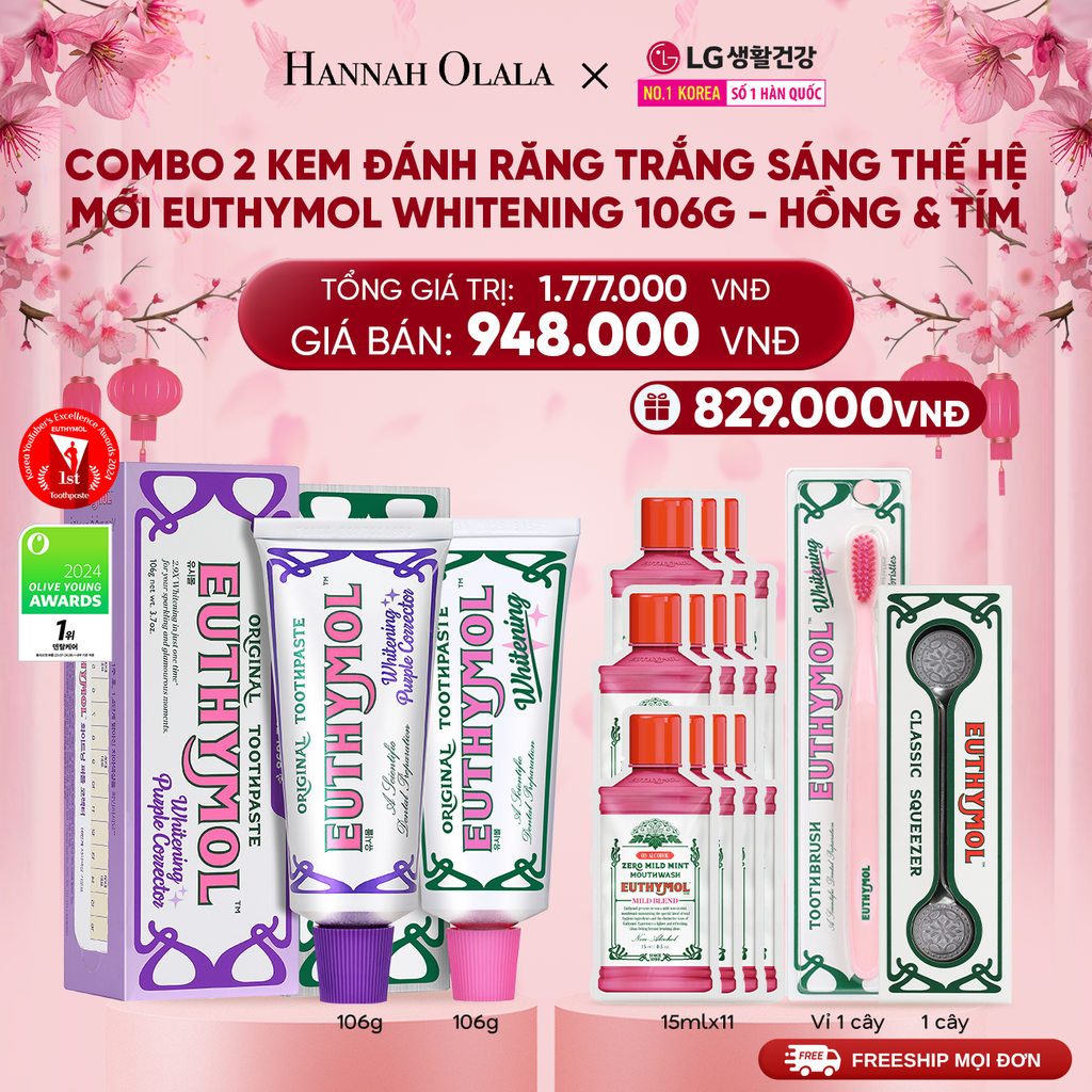  A1445_DEAL 13: COMBO 2 KEM ĐÁNH RĂNG TRẮNG SÁNG THẾ HỆ MỚI EUTHYMOL WHITENING 106GR - HỒNG & TÍM 