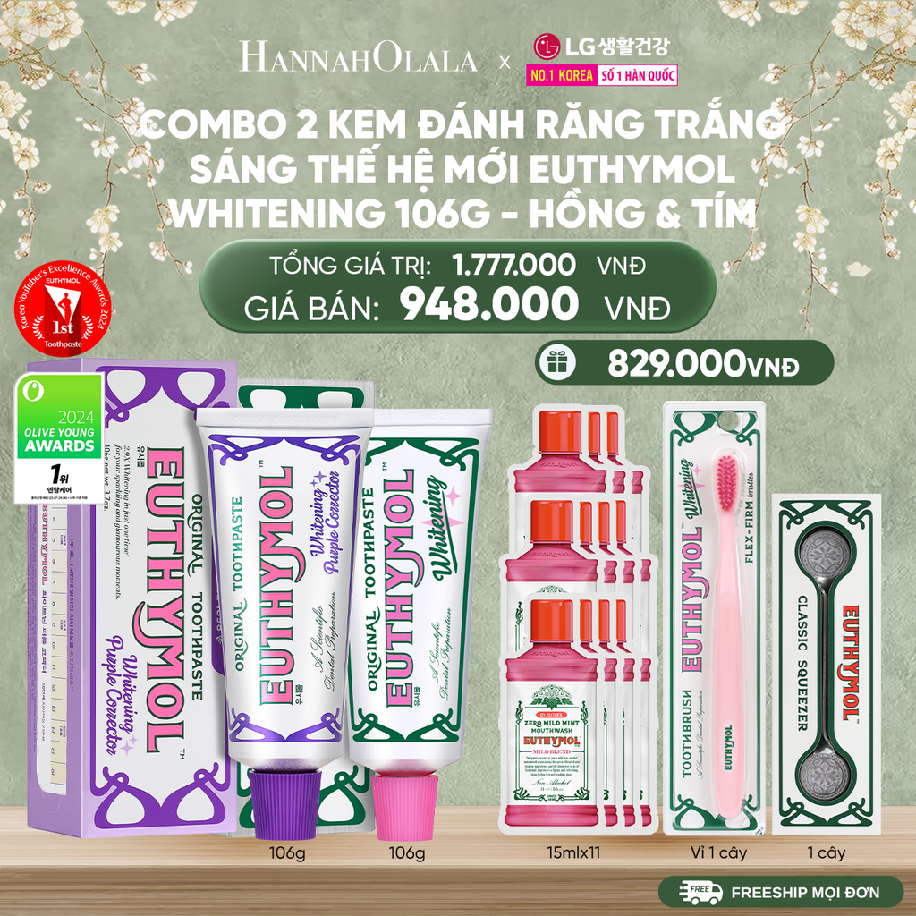  DEAL 13: COMBO 2 KEM ĐÁNH RĂNG TRẮNG SÁNG THẾ HỆ MỚI EUTHYMOL WHITENING 106GR - HỒNG & TÍM 