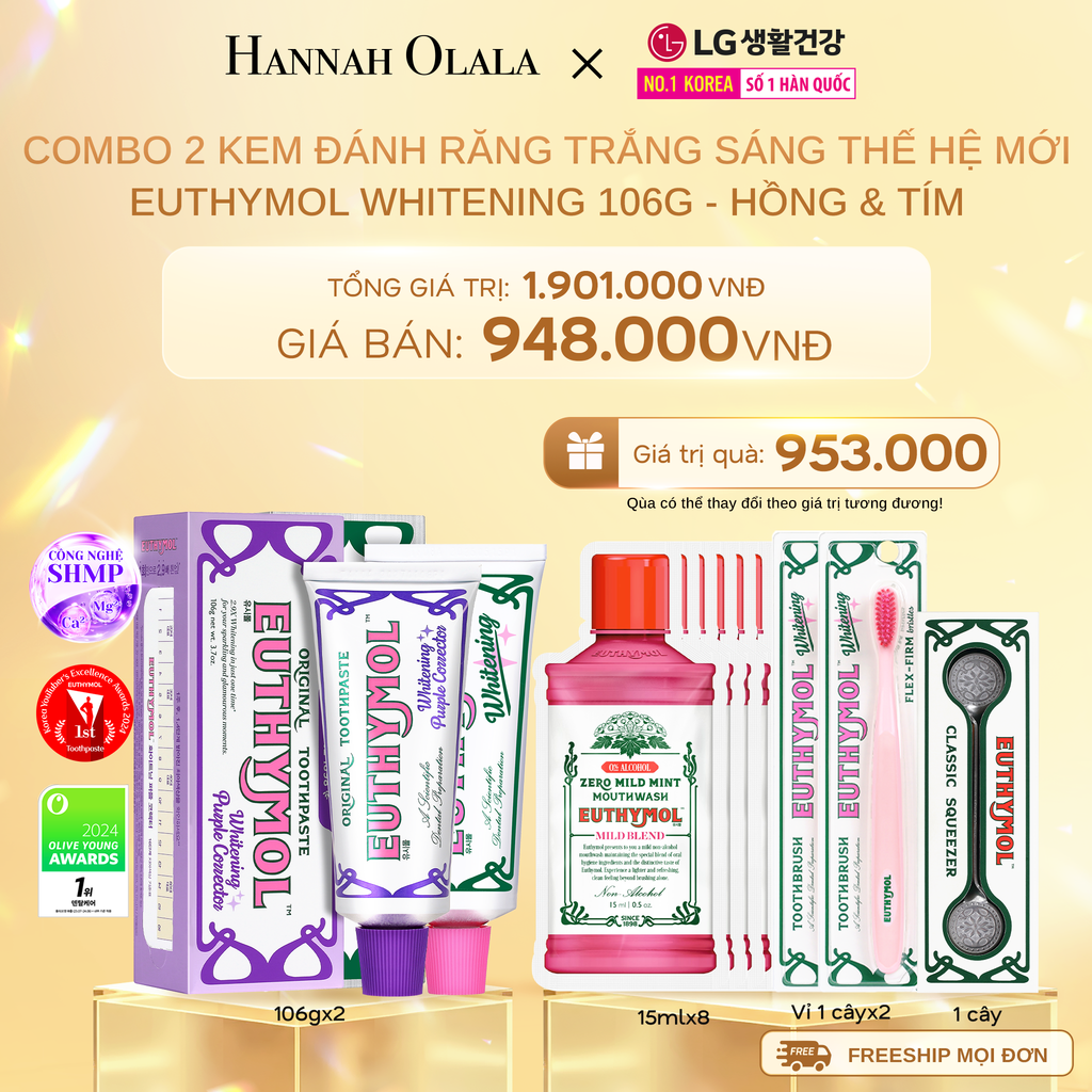  DEAL 26: COMBO 2 KEM ĐÁNH RĂNG TRẮNG SÁNG THẾ HỆ MỚI EUTHYMOL WHITENING 106GR - HỒNG & TÍM 