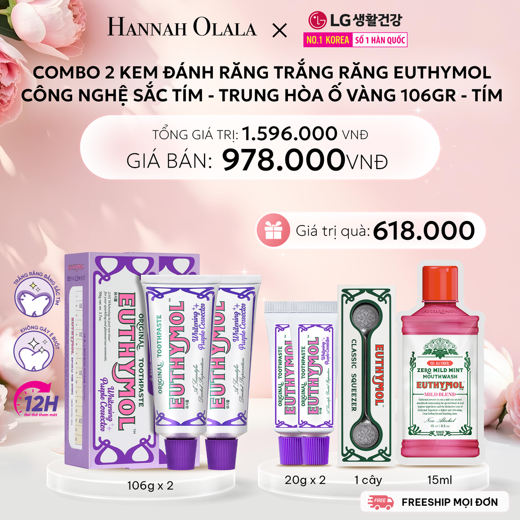  E1049: DEAL 20: COMBO 2 KEM ĐÁNH RĂNG TRẮNG RĂNG EUTHYMOL CÔNG NGHỆ SẮC TÍM - TRUNG HÒA Ố VÀNG 106GR - TÍM 