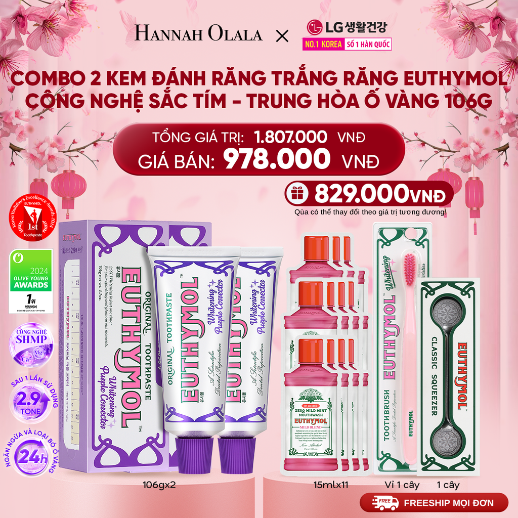  DEAL 10: COMBO 2 KEM ĐÁNH RĂNG TRẮNG RĂNG EUTHYMOL CÔNG NGHỆ SẮC TÍM - TRUNG HÒA Ố VÀNG 106GR - TÍM 