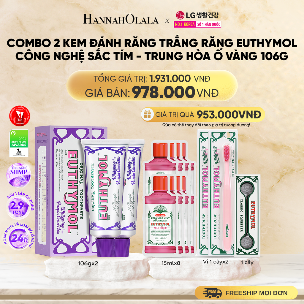  DEAL 13: COMBO 2 KEM ĐÁNH RĂNG TRẮNG RĂNG EUTHYMOL CÔNG NGHỆ SẮC TÍM - TRUNG HÒA Ố VÀNG 106GR - TÍM 