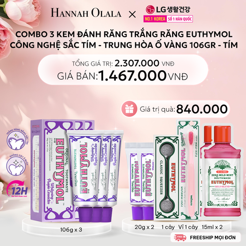  E1051: DEAL 22: COMBO 3 KEM ĐÁNH RĂNG TRẮNG RĂNG EUTHYMOL CÔNG NGHỆ SẮC TÍM - TRUNG HÒA Ố VÀNG 106GR - TÍM 