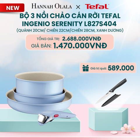  A7_DEAL 15: BỘ 3 NỒI CHẢO CÁN RỜI TEFAL INGENIO SERENITY L827S404, QUÁNH 20CM/ CHIÊN 22CM/CHIÊN 28CM 