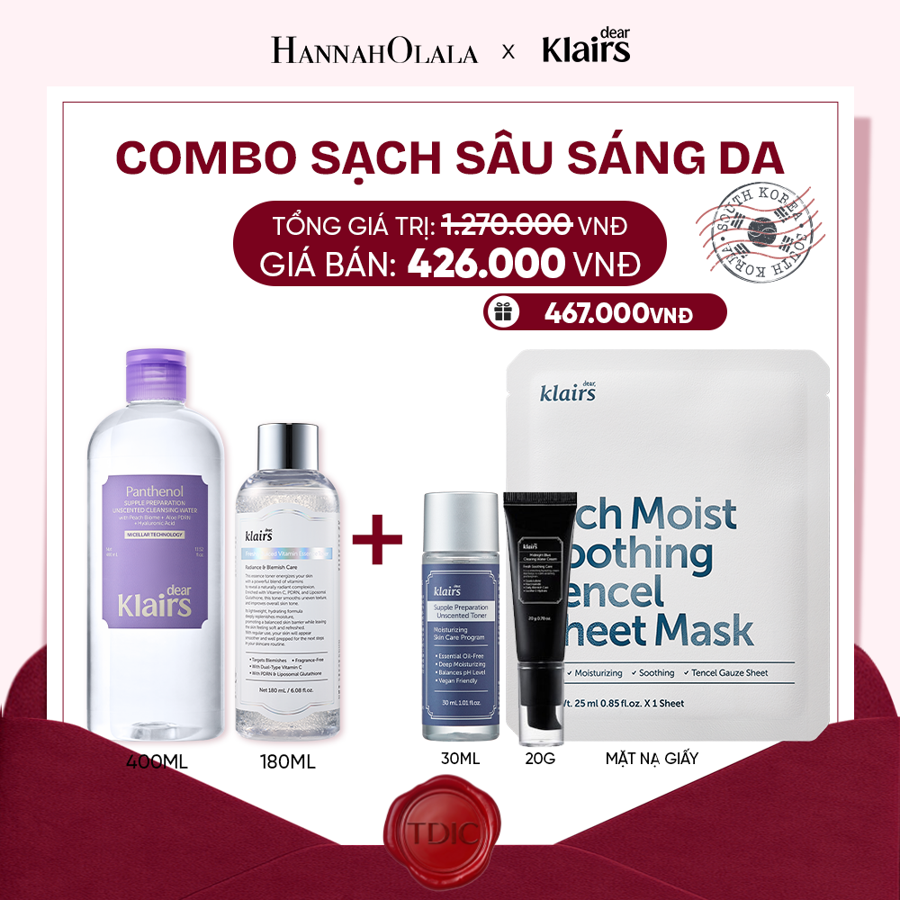  COMBO DEAR, KLAIRS NƯỚC HOA HỒNG FRESHLY JUICED VITAMIN ESSENCE TONER 180ML (IP04) DEAR KLAIRS NƯỚC TẨY TRANG SUPPLE PREPARATION UNSCENTED CLEANSING WATER 400ML (IP04)_M78 