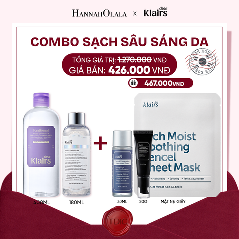  COMBO DEAR, KLAIRS NƯỚC HOA HỒNG FRESHLY JUICED VITAMIN ESSENCE TONER 180ML (IP04) DEAR KLAIRS NƯỚC TẨY TRANG SUPPLE PREPARATION UNSCENTED CLEANSING WATER 400ML (IP04)_M78 