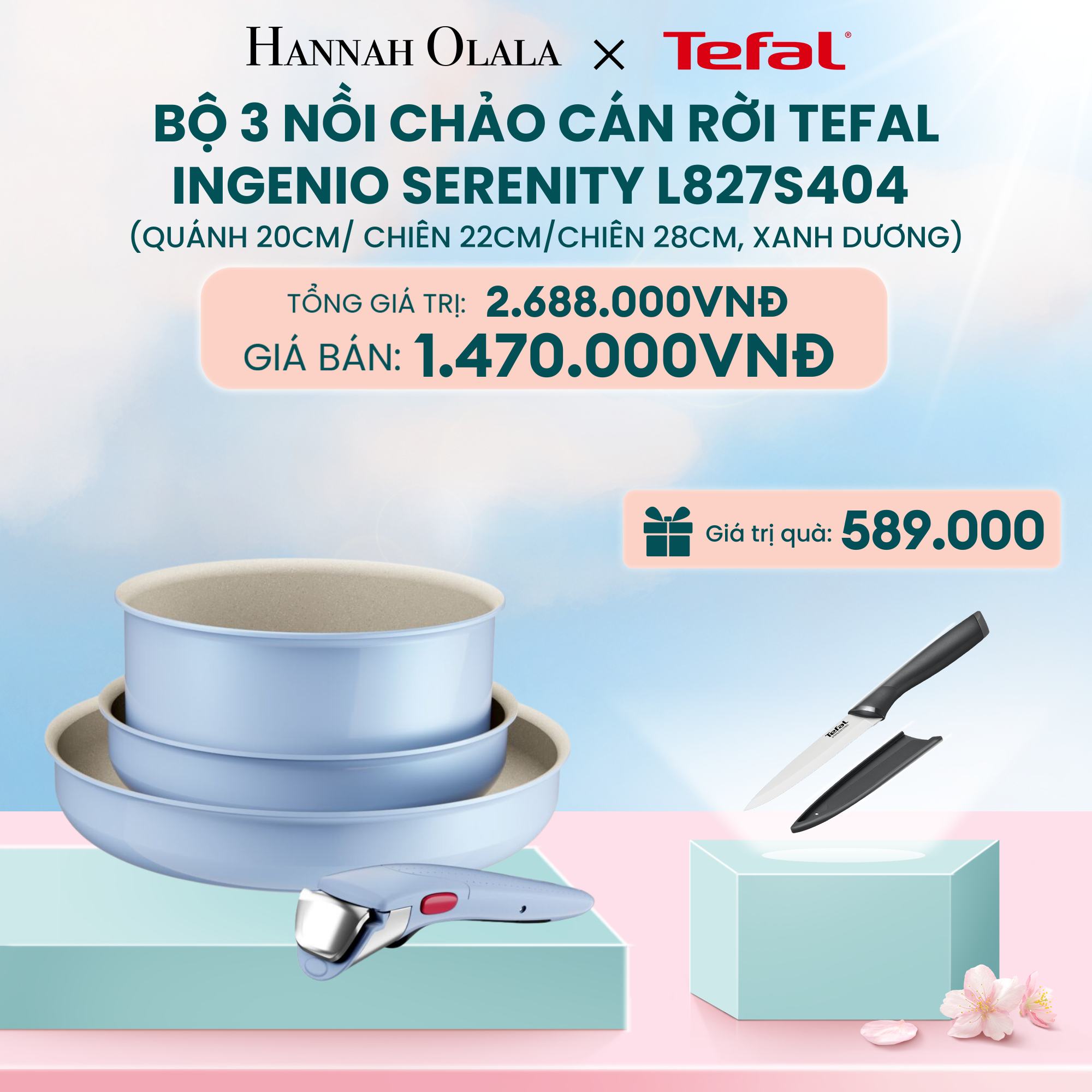  DEAL 15: BỘ 3 NỒI CHẢO CÁN RỜI TEFAL INGENIO SERENITY L827S404, QUÁNH 20CM/ CHIÊN 22CM/CHIÊN 28CM 