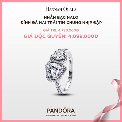  A49_DEAL 42: NHẪN BẠC PANDORA HALO ĐÍNH ĐÁ HAI TRÁI TIM CHUNG NHỊP ĐẬP 
