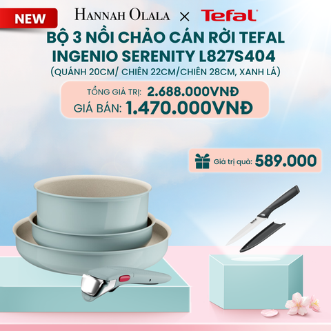  A7_DEAL 15: BỘ 3 NỒI CHẢO CÁN RỜI TEFAL INGENIO SERENITY L827S404, QUÁNH 20CM/ CHIÊN 22CM/CHIÊN 28CM 