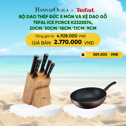  DEAL 19: BỘ DAO THÉP ĐỨC 5 MÓN VÀ KỆ DAO GỖ TEFAL ICE FORCE K232S574, 20CM/20CM/18CM/11CM/9CM 