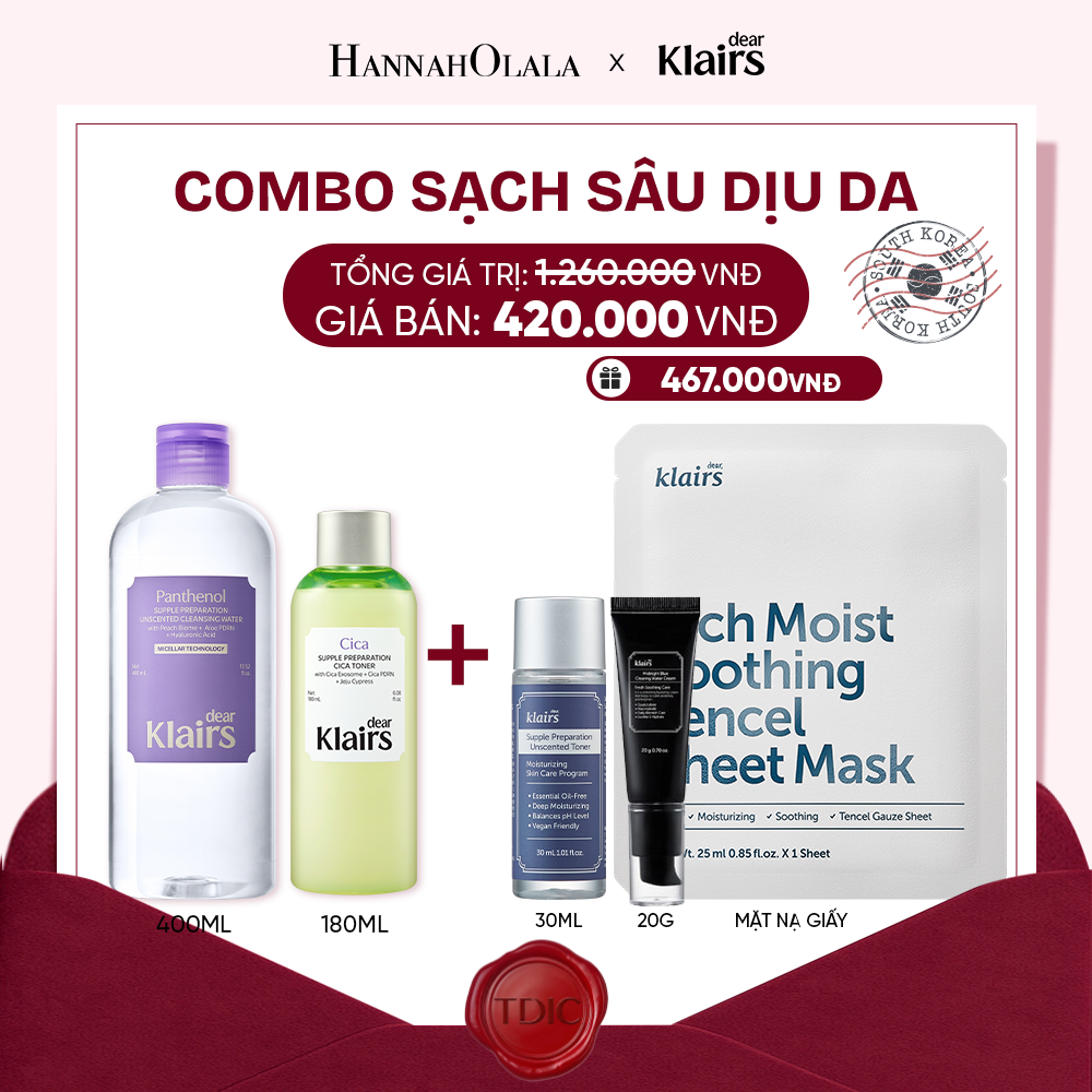  COMBO DEAR KLAIRS NƯỚC HOA HỒNG SUPPLE PREPARATION CICA TONER 180ML (IP04) DEAR KLAIRS NƯỚC TẨY TRANG SUPPLE PREPARATION UNSCENTED CLEANSING WATER 400ML (IP04)_M79 