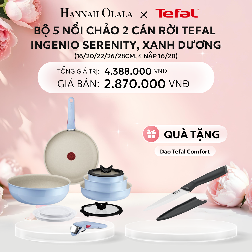  E293: DEAL 16: BỘ 5 NỒI CHẢO 2 CÁN RỜI TEFAL INGENIO SERENITY L827SB04, 16/20/22/26/28CM, 4 NẮP 16/20, XANH DƯƠNG 