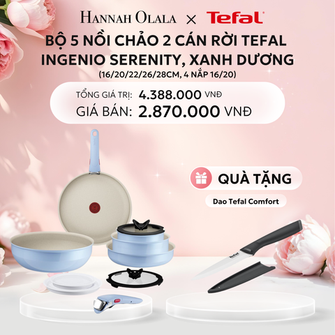  E293: DEAL 16: BỘ 5 NỒI CHẢO 2 CÁN RỜI TEFAL INGENIO SERENITY L827SB04, 16/20/22/26/28CM, 4 NẮP 16/20, XANH DƯƠNG 