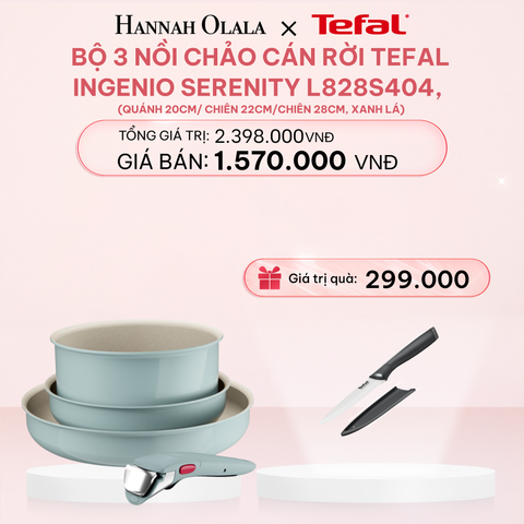  DEAL 10.2: BỘ 3 NỒI CHẢO CÁN RỜI TEFAL INGENIO SERENITY L827S404, QUÁNH 20CM/ CHIÊN 22CM/CHIÊN 28CM 