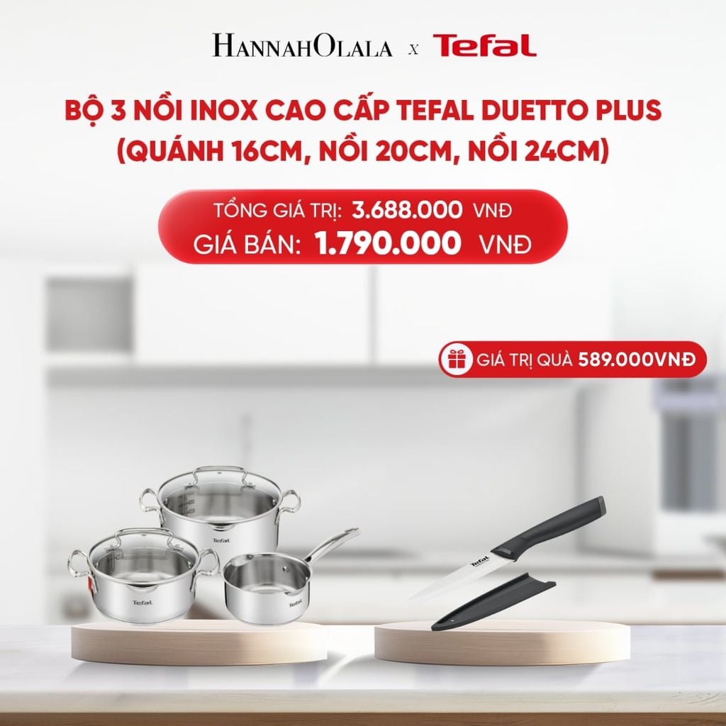  B206_DEAL 10: BỘ 3 NỒI INOX CAO CẤP TEFAL DUETTO PLUS (QUÁNH 16CM, NỒI 20CM, NỒI 24CM) 