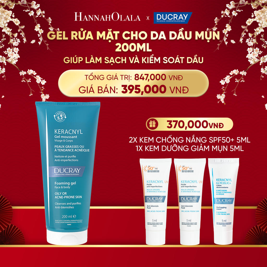  DEAL 2: GEL RỬA MẶT CHO DA DẦU MỤN DUCRAY KERACNYL FOAMING GEL 200ML GIÚP LÀM SẠCH VÀ KIỂM SOÁT DẦU 