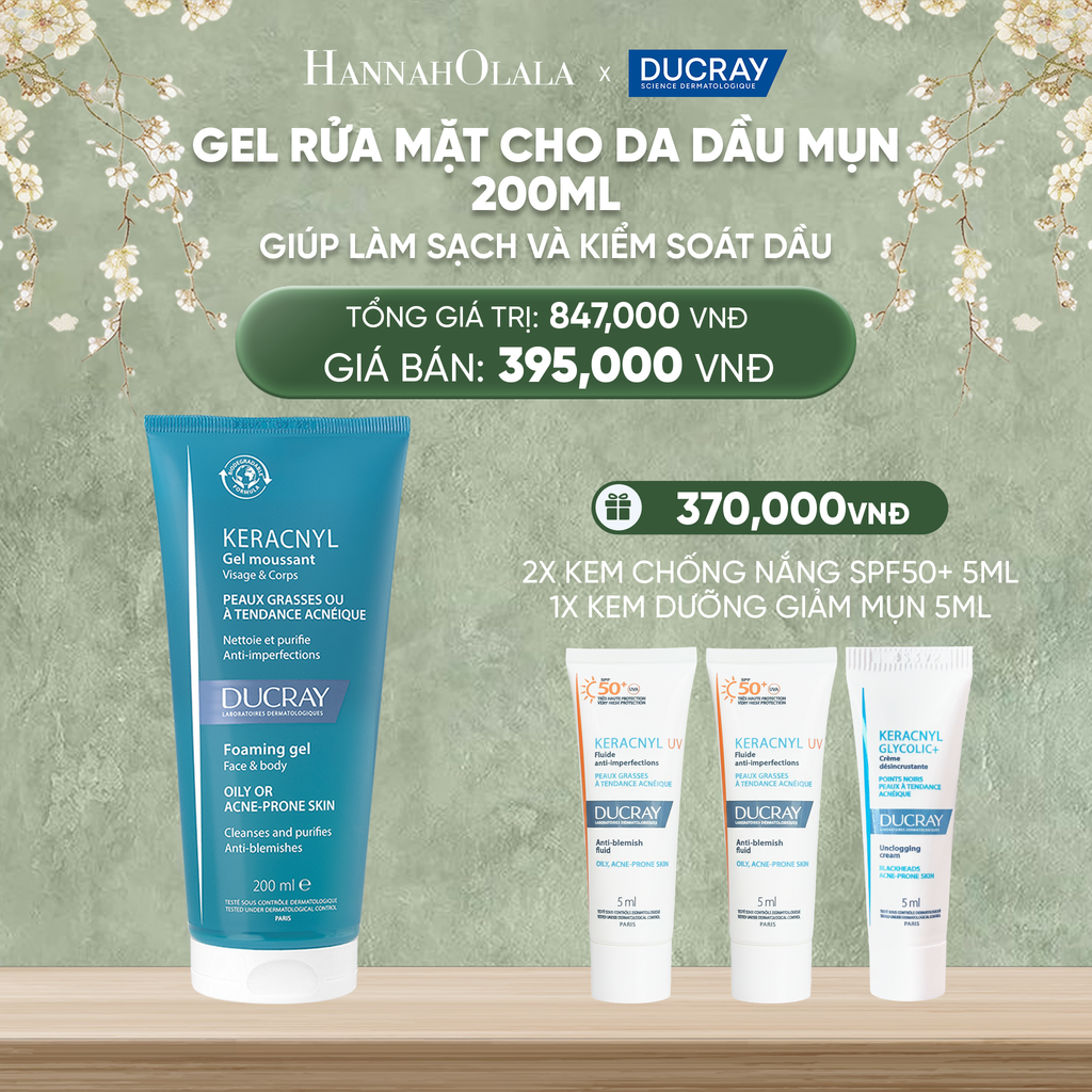  DEAL 2: GEL RỬA MẶT CHO DA DẦU MỤN DUCRAY KERACNYL FOAMING GEL 200ML GIÚP LÀM SẠCH VÀ KIỂM SOÁT DẦU 