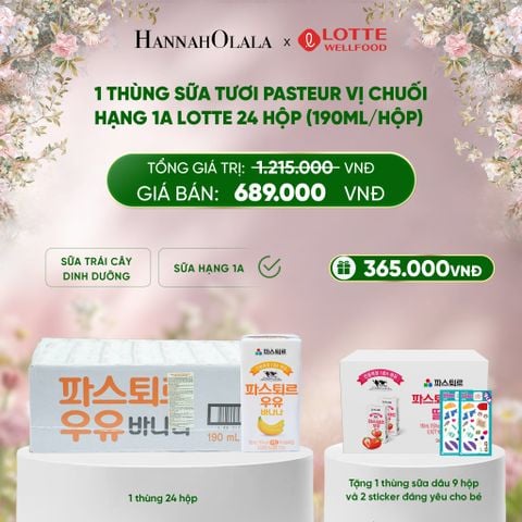  E847_DEAL 1: 1 THÙNG SỮA TƯƠI PASTEUR VỊ CHUỐI HẠNG 1A LOTTE 24 HỘP (190ML/HỘP) TẶNG 1 THÙNG SỮA TƯƠI PASTEUR VỊ DÂU HẠNG 1A LOTTE 9 HỘP VÀ 2 STICKER ĐÁNG YÊU CHO BÉ 