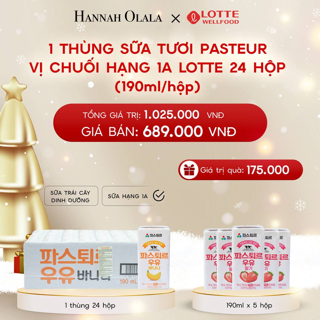  A1302_DEAL 1: 1 THÙNG SỮA TƯƠI PASTEUR VỊ CHUỐI HẠNG 1A LOTTE 24 HỘP (190ml/hộp) TẶNG 5 HỘP SỮA TƯƠI LOTTE DÂU 