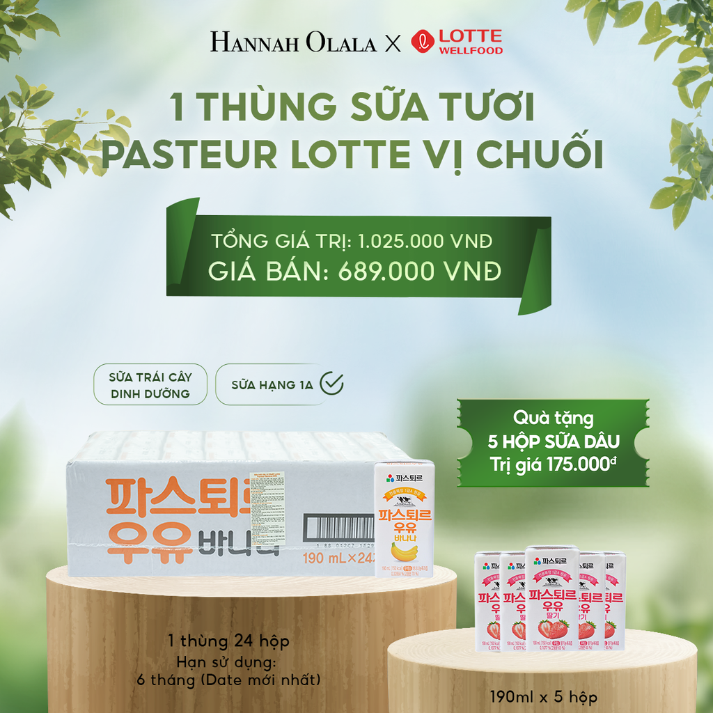  DEAL 1: 1T SỮA TƯƠI PASTEUR VỊ CHUỐI HẠNG 1A LOTTE 24 HỘP (190ml/hộp) 