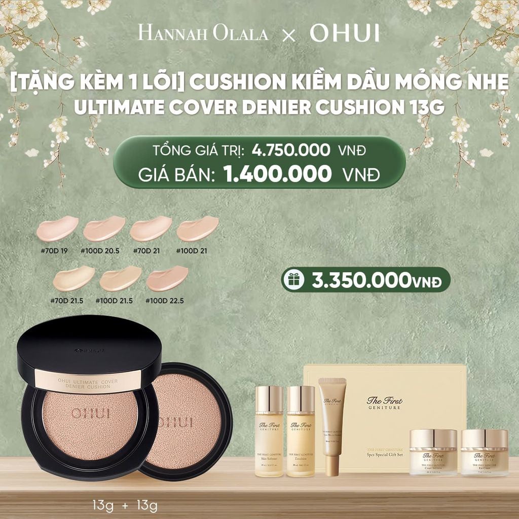  DEAL40: [TẶNG KÈM 1 LÕI] PHẤN NƯỚC KIỀM DẦU MỎNG NHẸ OHUI ULTIMATE COVER DENIER CUSHION 13G 