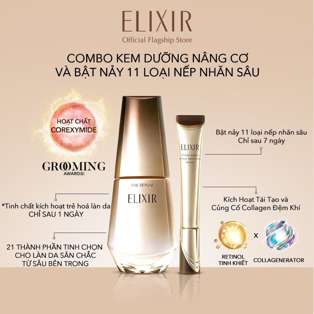  A44: DEAL 10: COMBO SERUM KÍCH HOẠT TRẺ HÓA LÀN DA EIS THE SERUM AA 50ML VÀ KEM DƯỠNG DA CẢI THIỆN NẾP NHĂN VƯỢT TRỘI ELIXIR RETINOL POWER WRINKLE SMOOTHING CREAM 22G 