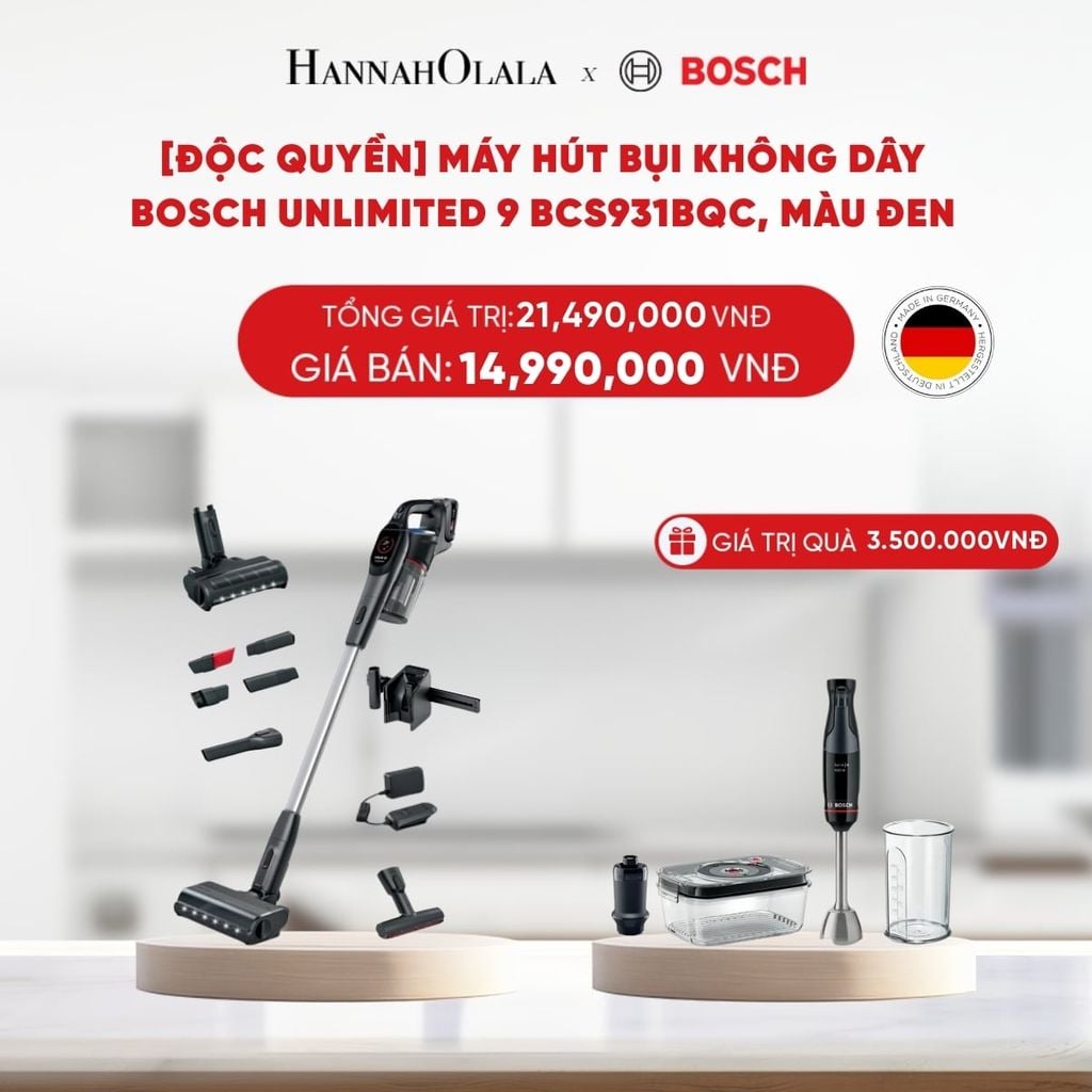  DEAL 1:  [ĐỘC QUYỀN] MÁY HÚT BỤI KHÔNG DÂY BOSCH UNLIMITED 9 BCS931BQC, MÀU ĐEN 