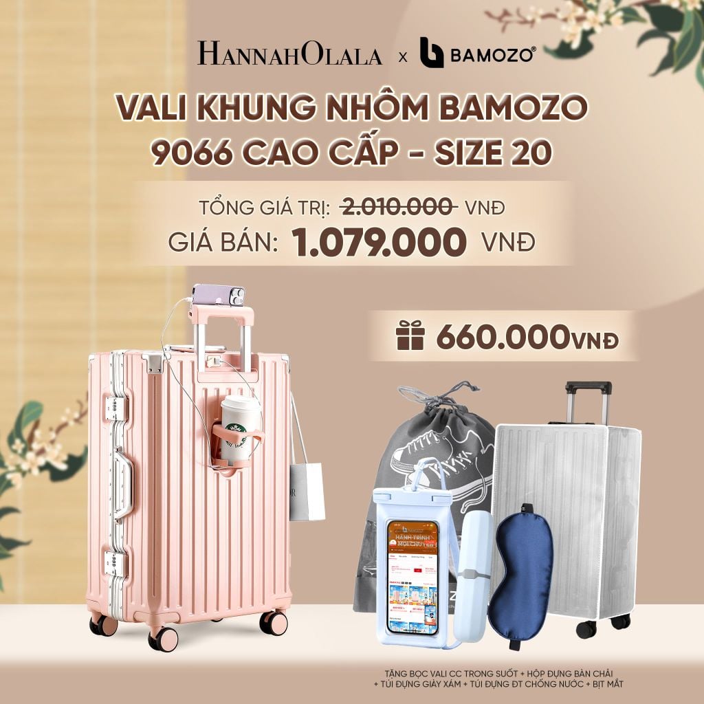  VALI BAMOZO KHUNG NHÔM 9066 BẢN CAO CẤP (TẶNG BỌC VALI CC TRONG SUỐT + HỘP ĐỰNG BÀN CHẢI + TÚI ĐỰNG GIÀY XÁM + TÚI ĐỰNG ĐT CHỐNG NƯỚC + BỊT MẮT) - A2508 