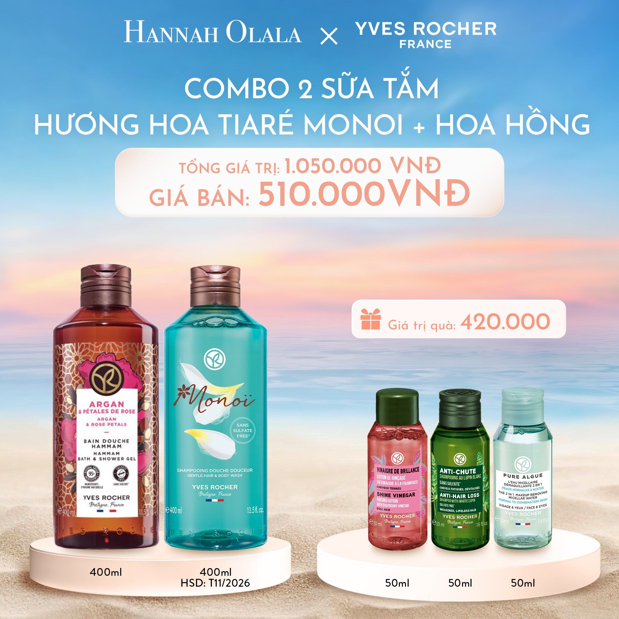  C1089_DEAL 1: COMBO 2 SỮA TẮM HƯƠNG HOA TIARÉ MONOI + HOA HỒNG 