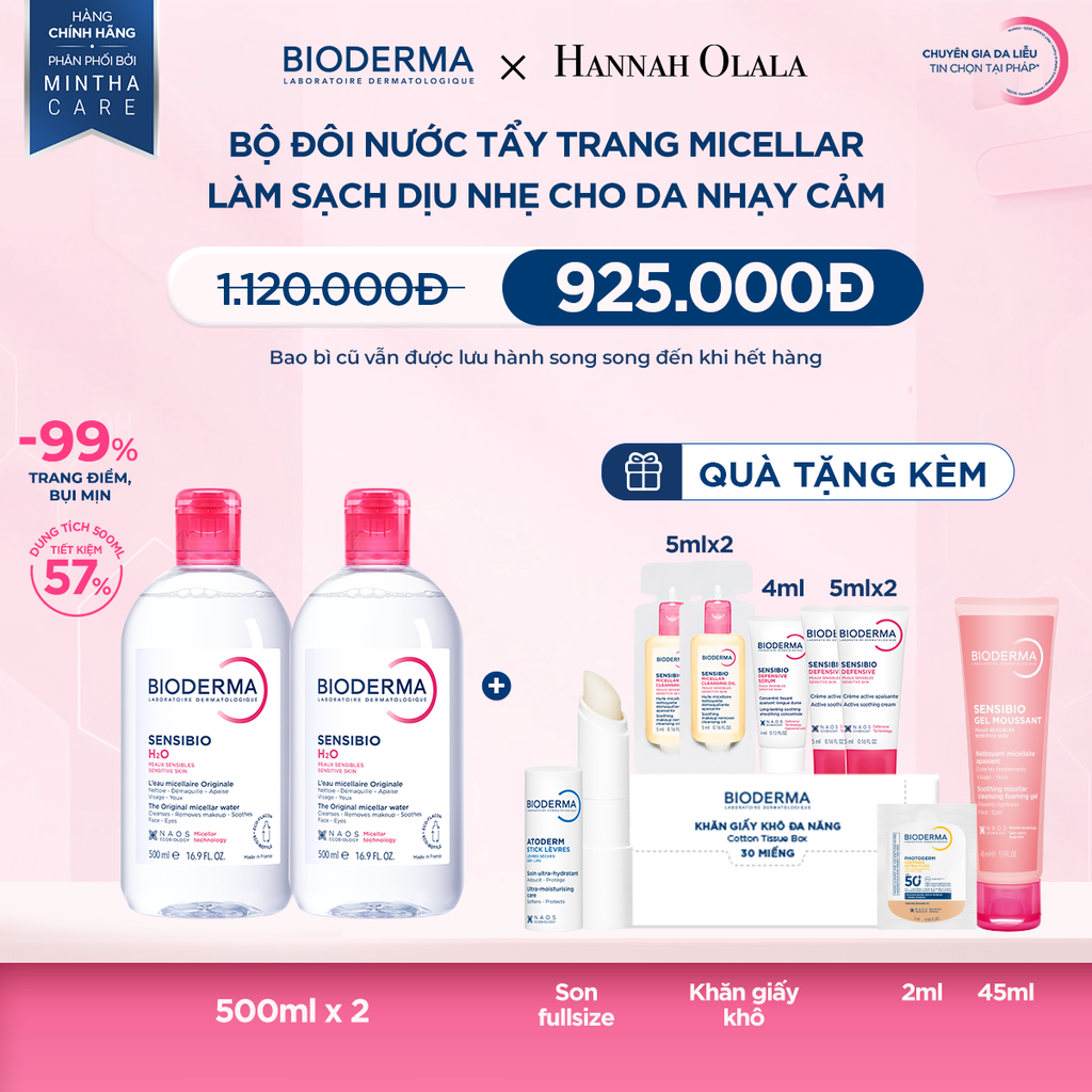  BỘ ĐÔI NƯỚC TẨY TRANG MICELLAR LÀM SẠCH DỊU NHẸ CHO DA NHẠY CẢM 