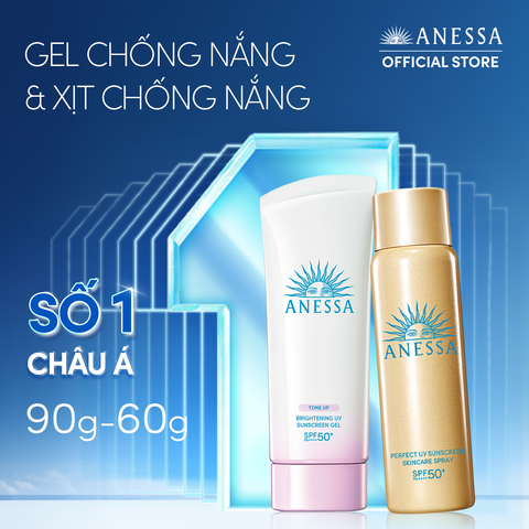  DEAL 12: COMBO GEL CHỐNG NẮNG DƯỠNG SÁNG NÂNG TÔNG & HIỆU CHỈNH SẮC TÍM ANESSA BRIGHTENING GEL SPF50+ PA++++ 90G + GOLD SPRAY 60G 