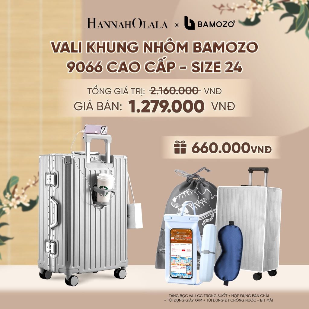  VALI BAMOZO KHUNG NHÔM 9066 BẢN CAO CẤP (TẶNG BỌC VALI CC TRONG SUỐT + HỘP ĐỰNG BÀN CHẢI + TÚI ĐỰNG GIÀY XÁM + TÚI ĐỰNG ĐT CHỐNG NƯỚC + BỊT MẮT) - A2508 