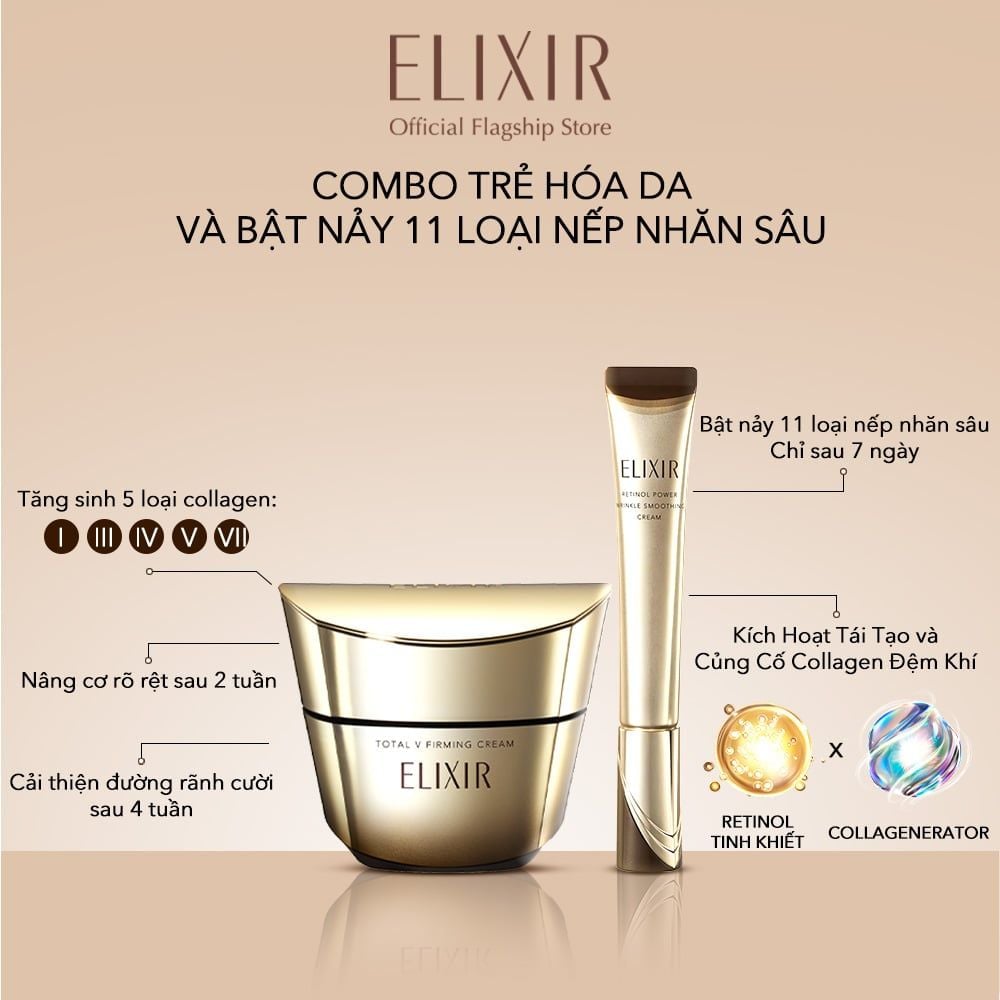  A45: DEAL 11: COMBO KEM DƯỠNG CẢI THIỆN CHẢY XỆ NGĂN NGỪA LÃO HÓA ELIXIR TOTAL V FIRMING CREAM 50G VÀ KEM DƯỠNG DA CẢI THIỆN NẾP NHĂN VƯỢT TRỘI ELIXIR RETINOL POWER WRINKLE SMOOTHING CREAM 22G 