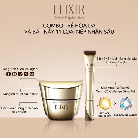  A45: DEAL 11: COMBO KEM DƯỠNG CẢI THIỆN CHẢY XỆ NGĂN NGỪA LÃO HÓA ELIXIR TOTAL V FIRMING CREAM 50G VÀ KEM DƯỠNG DA CẢI THIỆN NẾP NHĂN VƯỢT TRỘI ELIXIR RETINOL POWER WRINKLE SMOOTHING CREAM 22G 