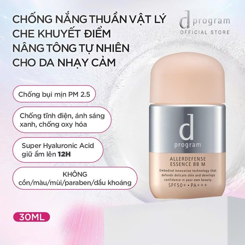 A27: DEAL 11: KEM CHỐNG NẮNG TRANG ĐIỂM DẠNG TINH CHẤT DÀNH CHO DA NHẠY CẢM DPROGRAM ALLERDEFENSE ESSENCE BB TÔNG SÁNG 30ML, SPF43, PA+++ 