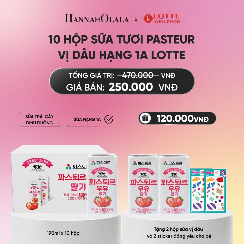  DEAL 1: SỮA TƯƠI PASTEUR VỊ DÂU HẠNG 1A LOTTE 10 HỘP (190ML/HỘP) TẶNG 2 HỘP SỮA VỊ DÂU VÀ 2 STICKER ĐÁNG YÊU CHO BÉ_A1204 
