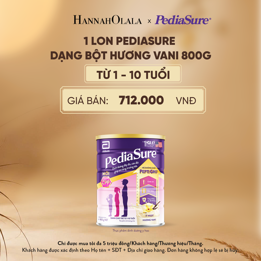  1 LON PEDIASURE DẠNG BỘT HƯƠNG VANI 800G (DÙNG CHO BÉ 1-10 TUỔI) - E160 
