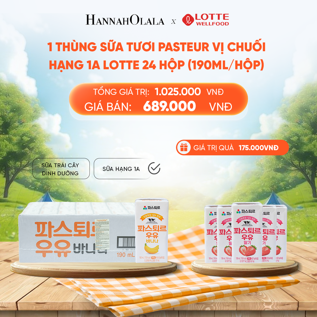  DEAL 1: 1 THÙNG SỮA TƯƠI PASTEUR VỊ CHUỐI HẠNG 1A LOTTE 24 HỘP (190ml/hộp) 