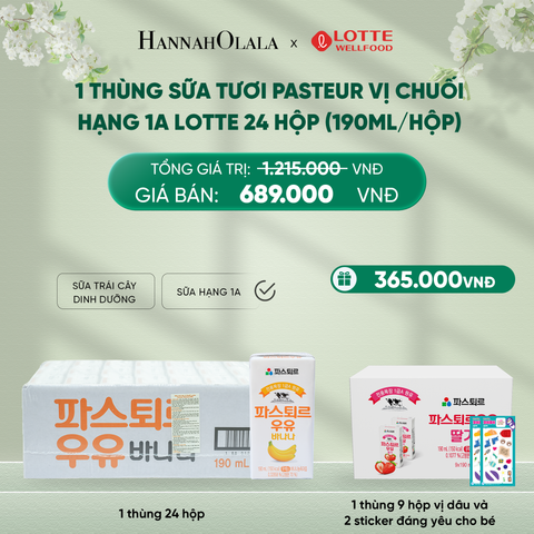  DEAL 1: 1 THÙNG SỮA TƯƠI PASTEUR VỊ CHUỐI HẠNG 1A LOTTE 24 HỘP (190ml/hộp) TẶNG 1 THÙNG SỮA TƯƠI PASTEUR VỊ DÂU HẠNG 1A LOTTE 9 HỘP VÀ 2 STICKER ĐÁNG YÊU CHO BÉ 