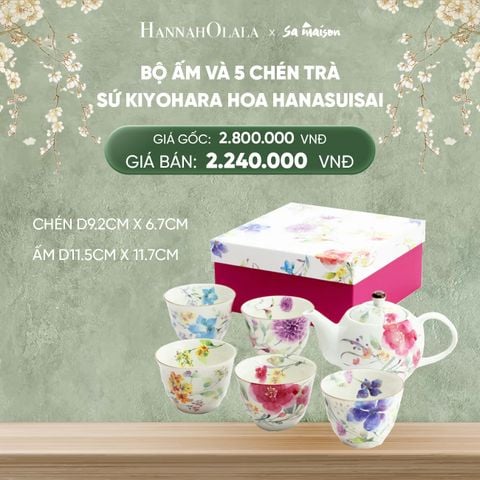  DEAL 9: BỘ ẤM VÀ CHÉN TRÀ CHO 5 NGƯỜI BẰNG SỨ HOA, CHÉN KÍCH THƯỚC D9.2CM X 6.7CM, ẤM D11.5CM X 11.7CM 