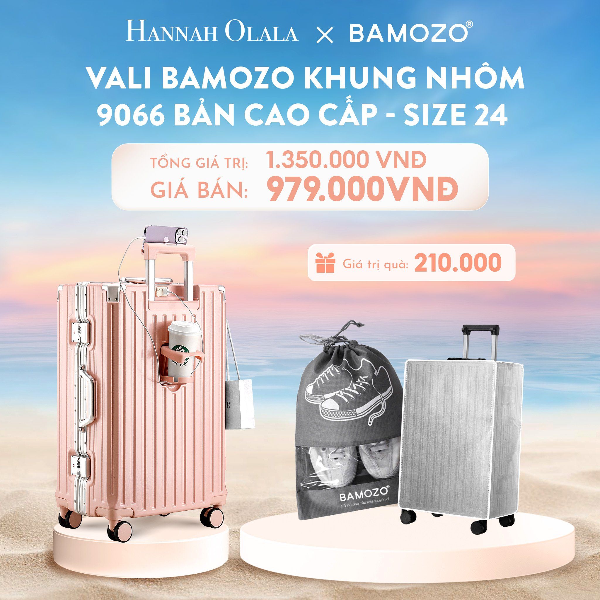  C905_DEAL 1: VALI BAMOZO KHUNG NHÔM 9066 BẢN CAO CẤP (TẶNG BỌC VALI CC TRONG SUỐT + TÚI ĐỰNG GIÀY) 