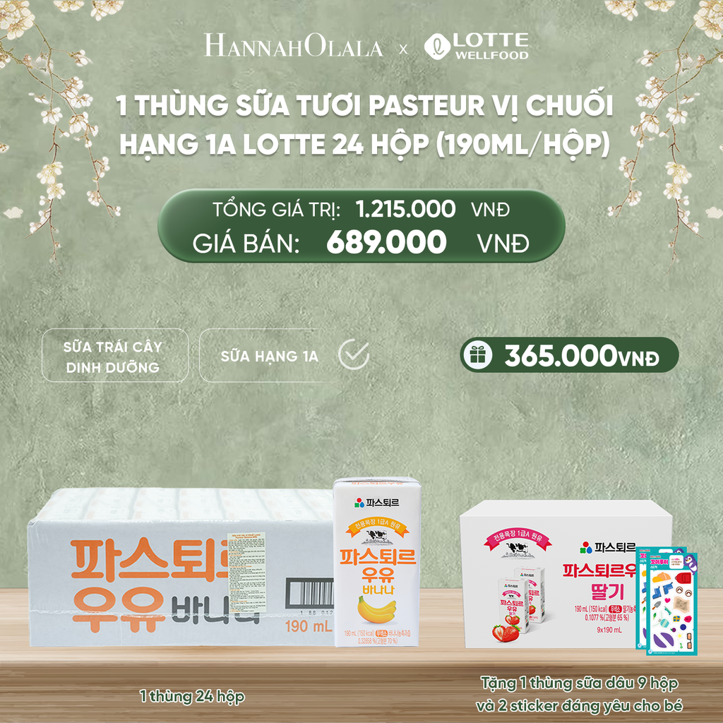  DEAL 1: 1 THÙNG SỮA TƯƠI PASTEUR VỊ CHUỐI HẠNG 1A LOTTE 24 HỘP (190ml/hộp) TẶNG 5 HỘP SỮA DÂU, 1 STICKER VÀ 1 GẤU BÔNG ĐÁNG YÊU CHO BÉ 