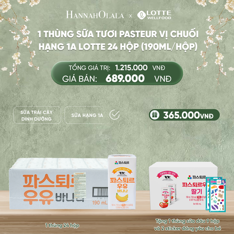  DEAL 1: 1 THÙNG SỮA TƯƠI PASTEUR VỊ CHUỐI HẠNG 1A LOTTE 24 HỘP (190ml/hộp) TẶNG 5 HỘP SỮA DÂU, 1 STICKER VÀ 1 GẤU BÔNG ĐÁNG YÊU CHO BÉ 