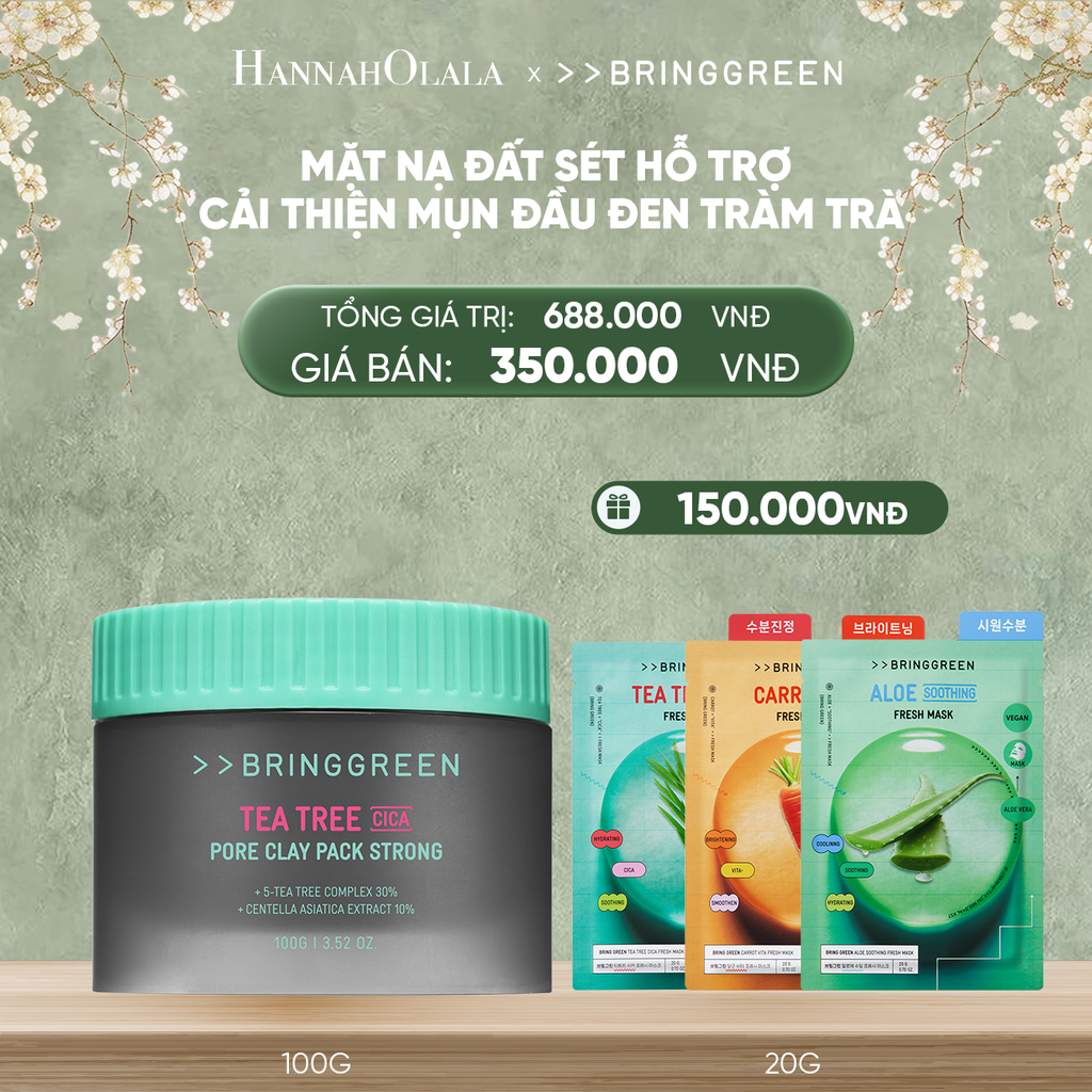  DEAL 5: MẶT NẠ ĐẤT SÉT HỖ TRỢ CẢI THIỆN MỤN ĐẦU ĐEN TRÀM TRÀ BRING GREEN TEA TREE CICA PORE CLAY PACK STRONG 100G 