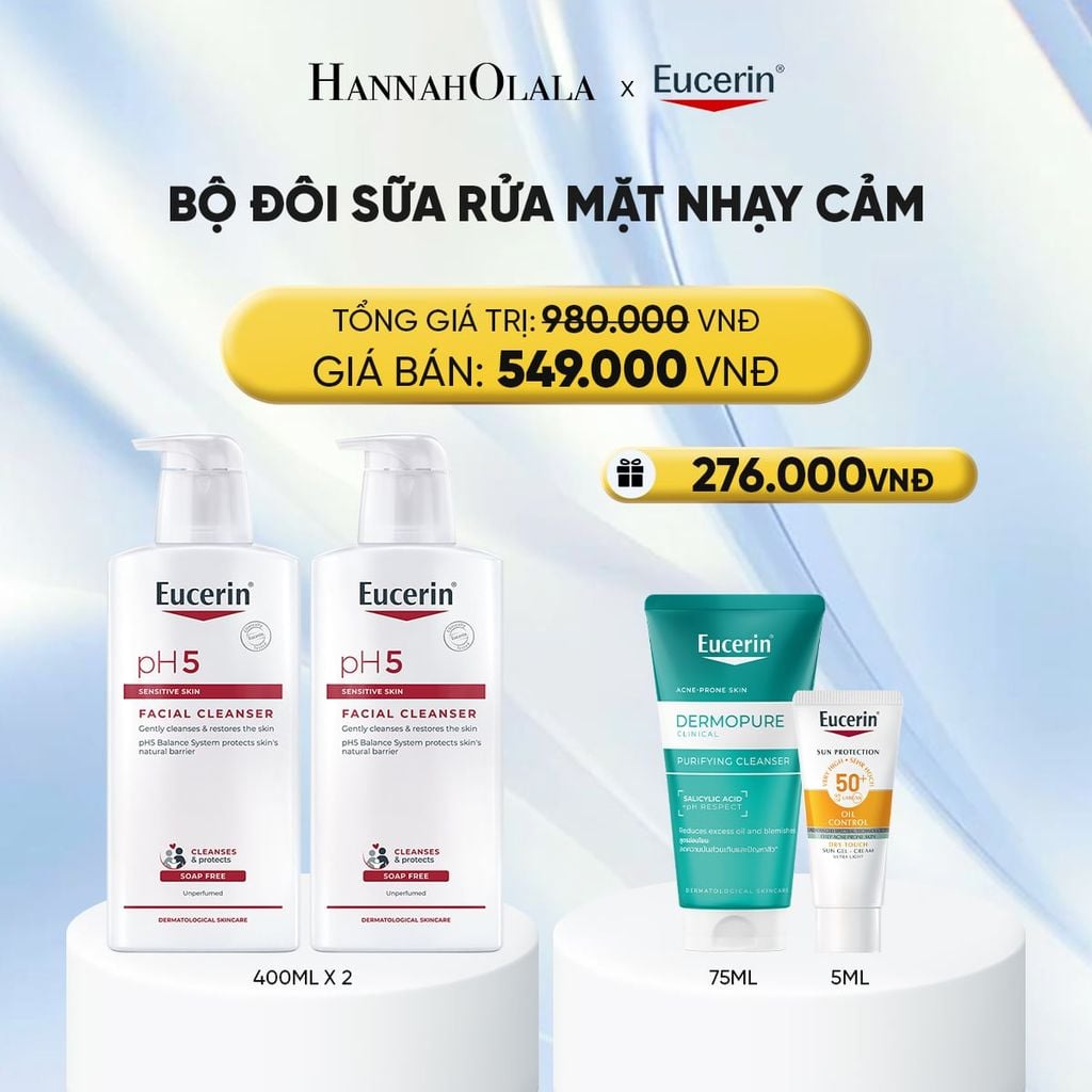  BỘ ĐÔI SỮA RỬA MẶT KHÔNG GÂY KÍCH ỨNG CHO DA NHẠY CẢM EUCERIN PH5 FACIAL CLEANSER 400ML - DEAL 1 