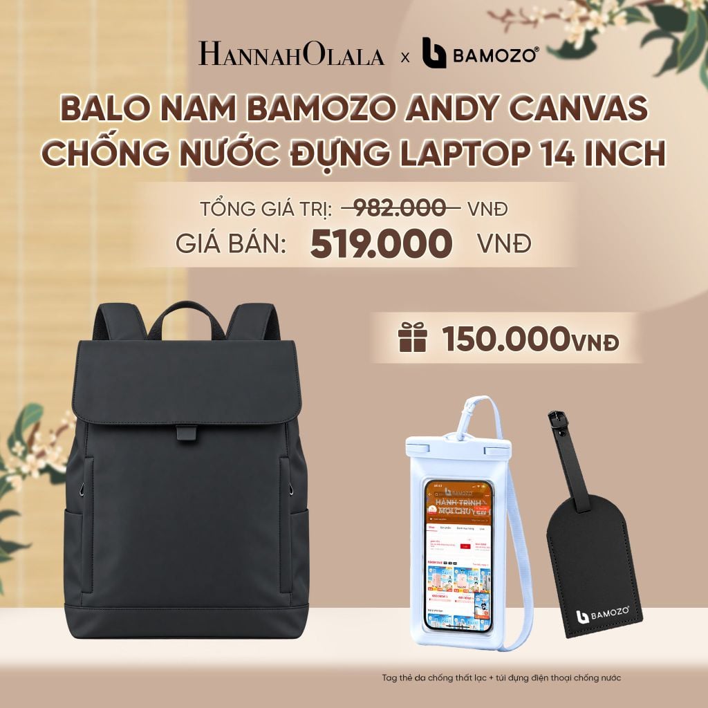  BALO NAM BAMOZO ANDY CANVAS CHỐNG NƯỚC ĐỰNG LAPTOP 14 INCH ĐI LÀM CÔNG SỞ (TAG THẺ DA CHỐNG THẤT LẠC + TÚI ĐỰNG ĐIỆN THOẠI CHỐNG NƯỚC) - A2487 